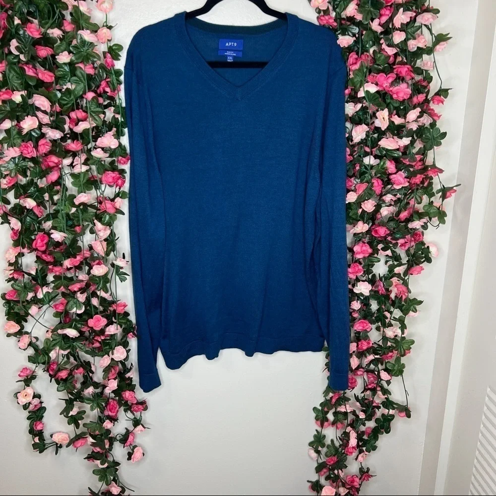 Apt.9 Blue V-Neck Merino Wool Sweater Mens 2XL Casual Business Work Office
